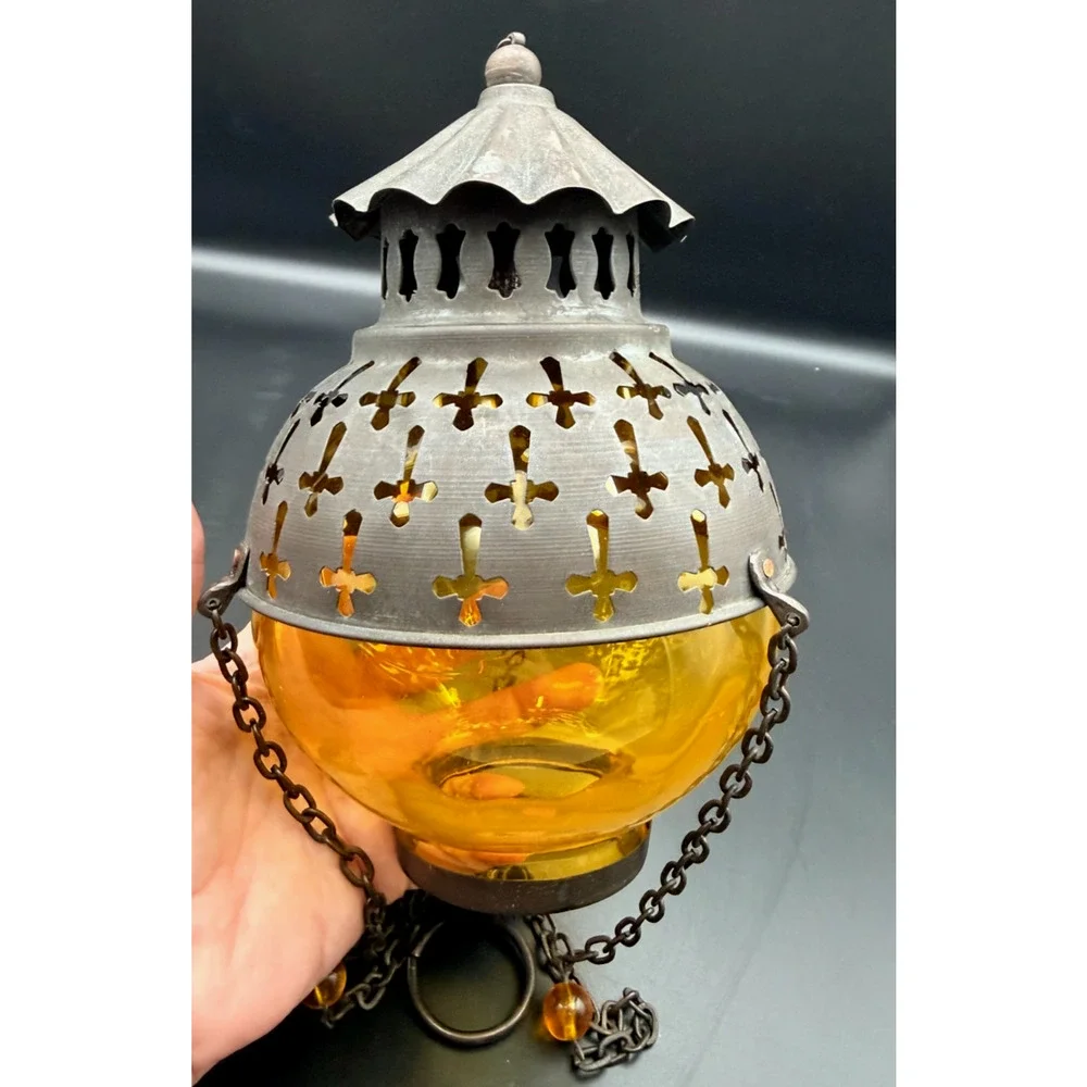 Hanging Metal Orthodox Sanctuary Vigil Lamp Candle Holder Yellow Amber Cross Cut